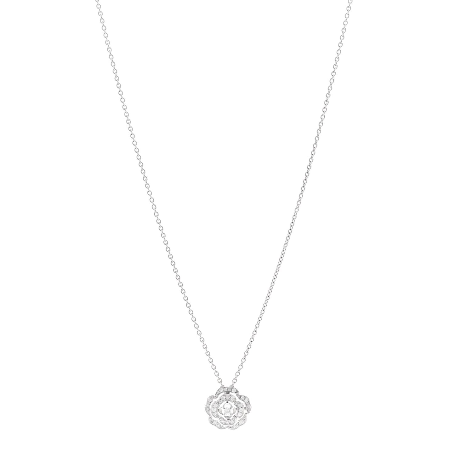 18K White Gold Diamond Bouton de Camelia Pendant Necklace