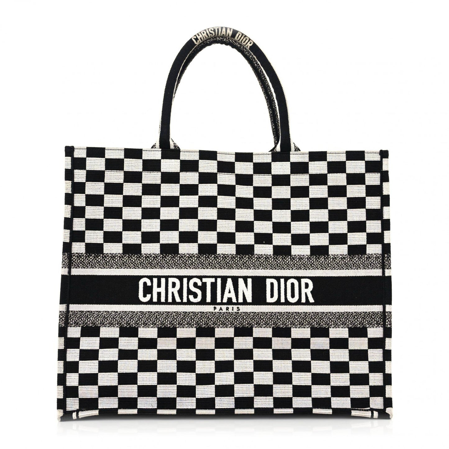 Canvas Embroidered Checkered Book Tote Black White