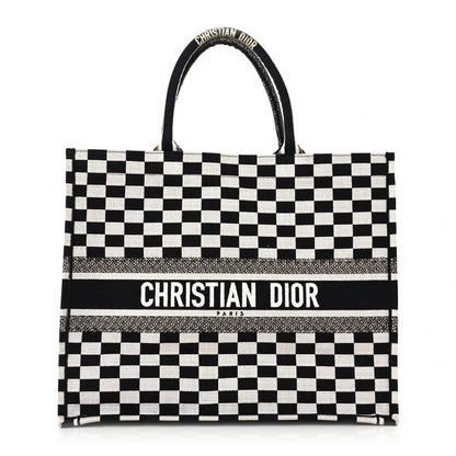 Christian Dior Canvas Embroidered Checkered Book Tote Black White 1 of 15
