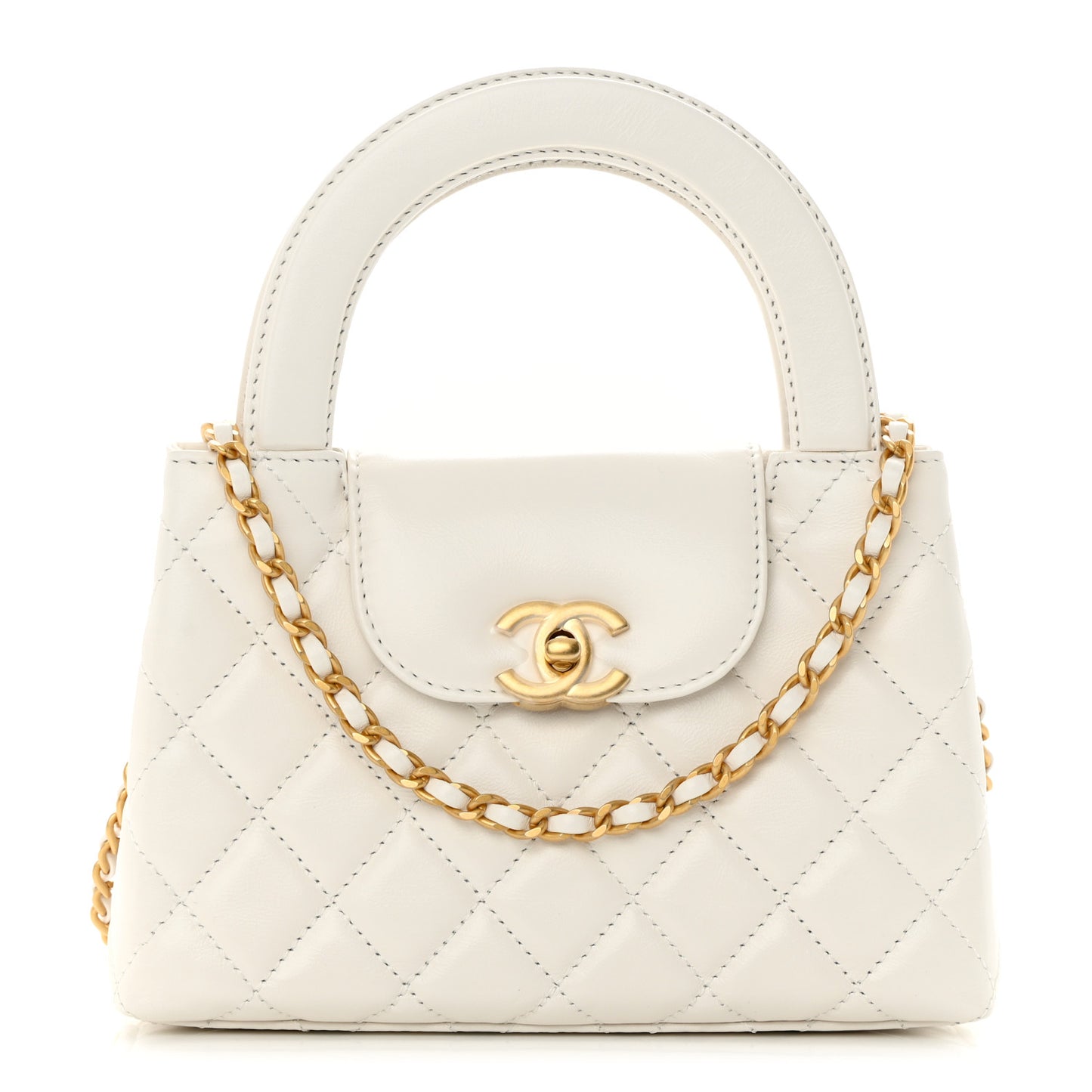 Shiny Aged Calfskin Quilted Nano Kelly Shopper White