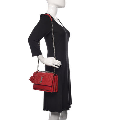 Saint Laurent Calfskin Crocodile Embossed Medium Monogram Sunset Rouge Eros 2 of 21
