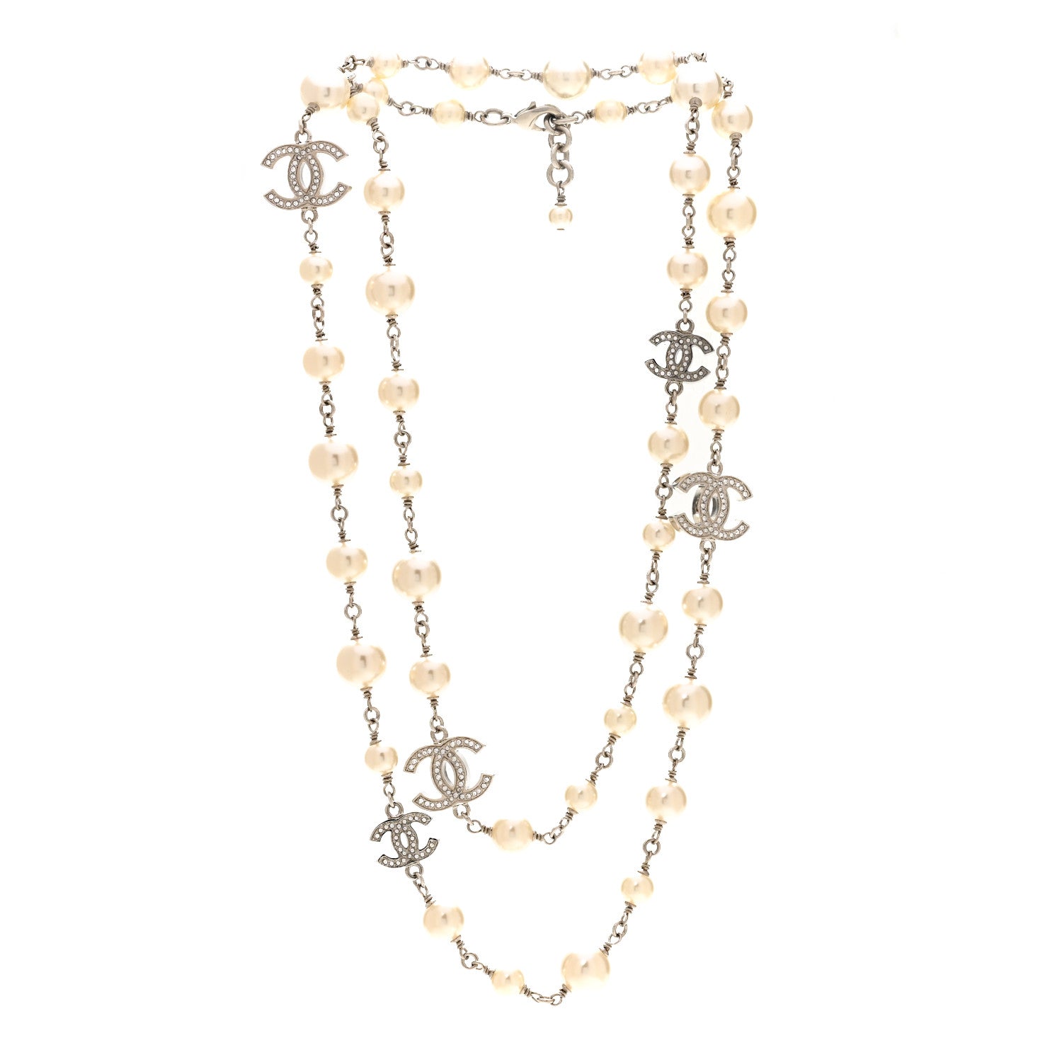 Chanel Graduated Pearl Crystal CC Long Necklace Silver 3 of 6