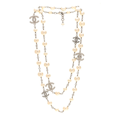 Chanel Graduated Pearl Crystal CC Long Necklace Silver 3 of 6