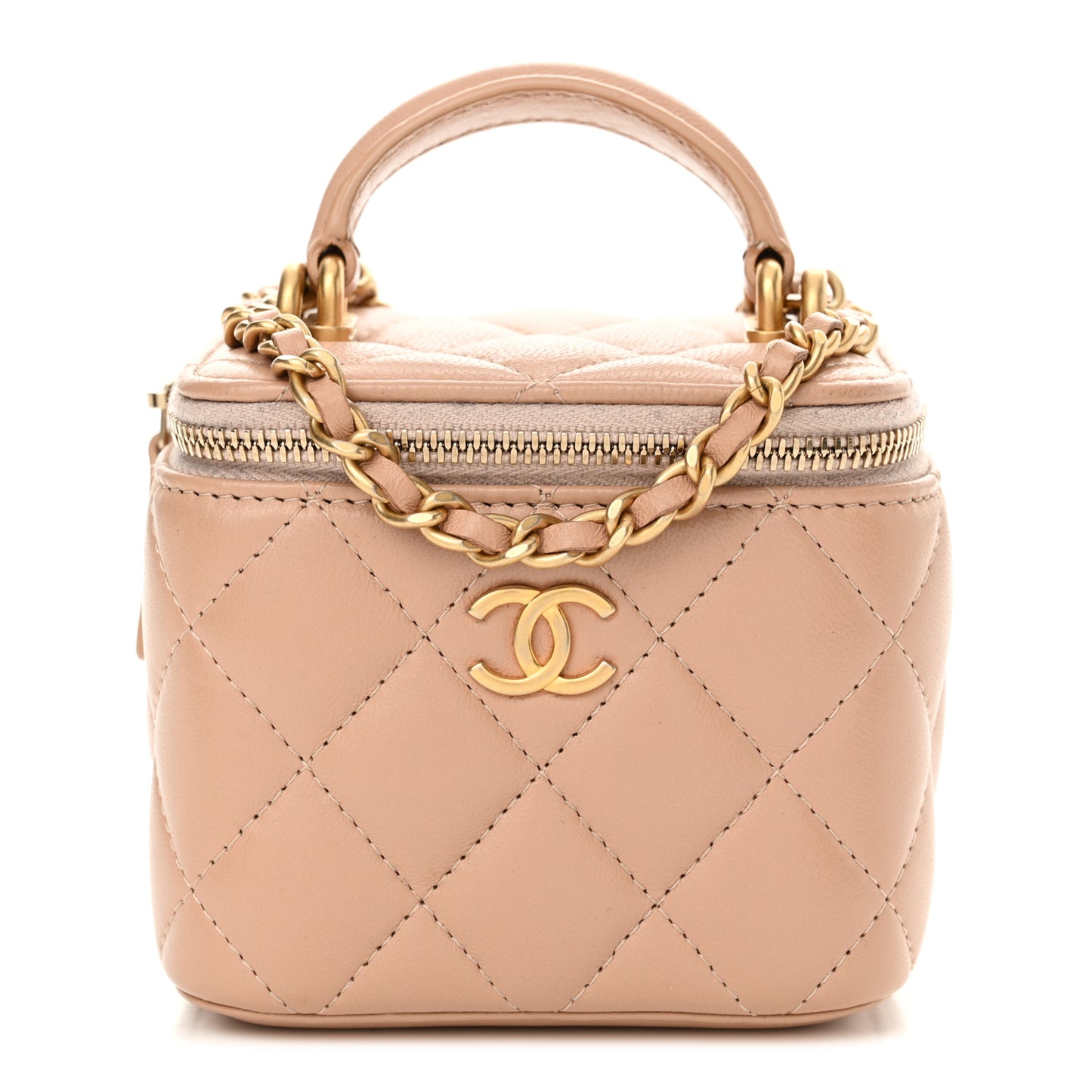Lambskin Quilted Top Handle Mini Vanity Case With Chain Beige