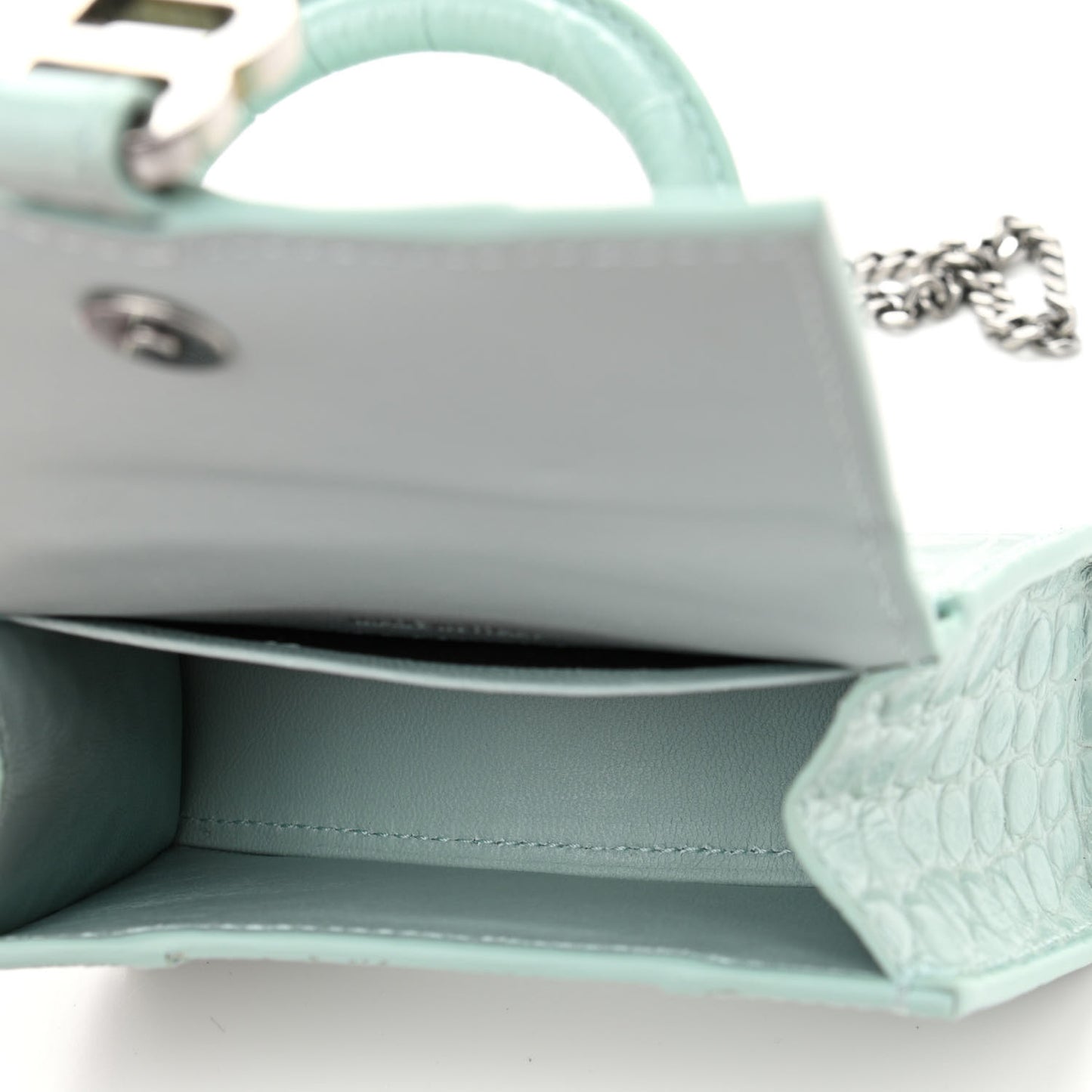 Shiny Calfskin Crocodile Embossed Hourglass Top Handle Bag Mini with Chain Green Acqua
