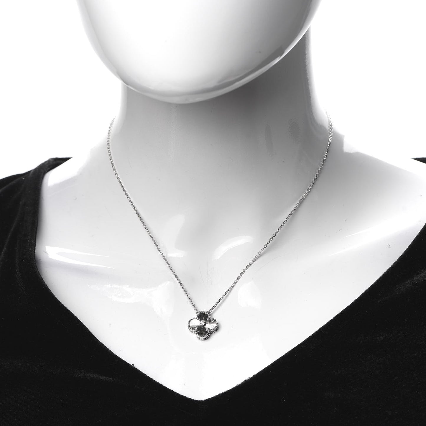 18K White Gold Diamond Guilloche Vintage Alhambra Pendant Necklace