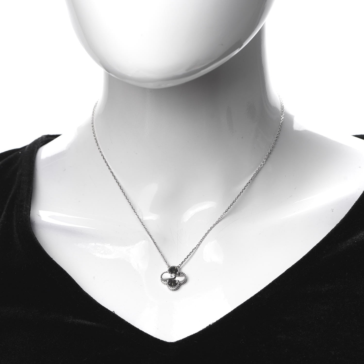 Van Cleef & Arpels 18K White Gold Diamond Guilloche Vintage Alhambra Pendant Necklace 2 of 8