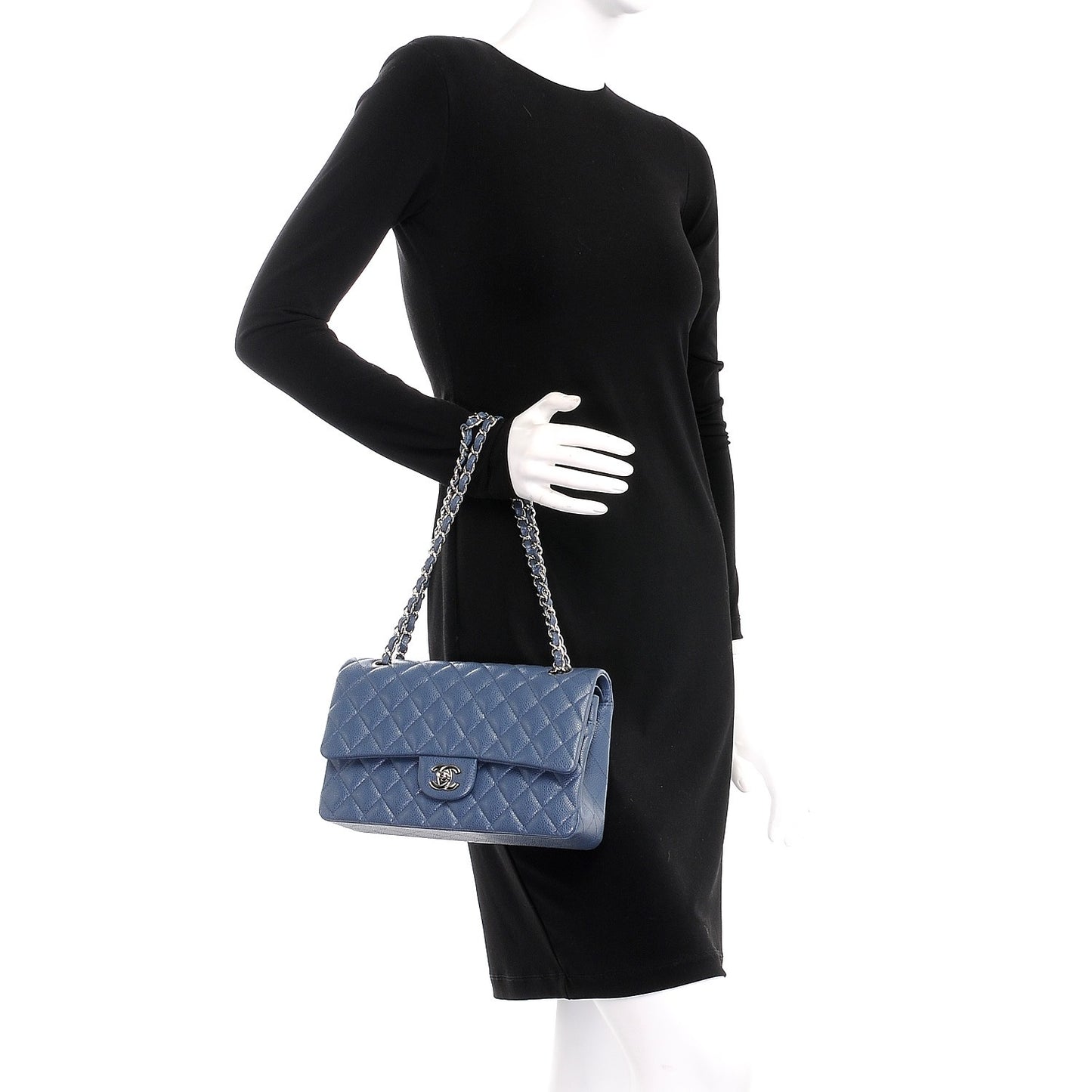 Caviar Quilted Medium Double Flap Blue