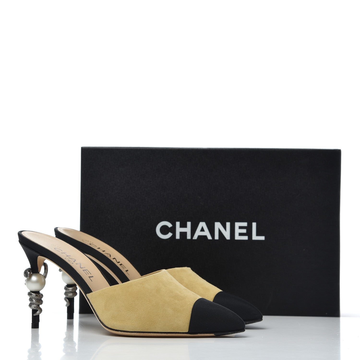 Chanel Suede Grosgrain Cap Toe Snake Pearl Mule 37.5 Beige Black 14 of 14