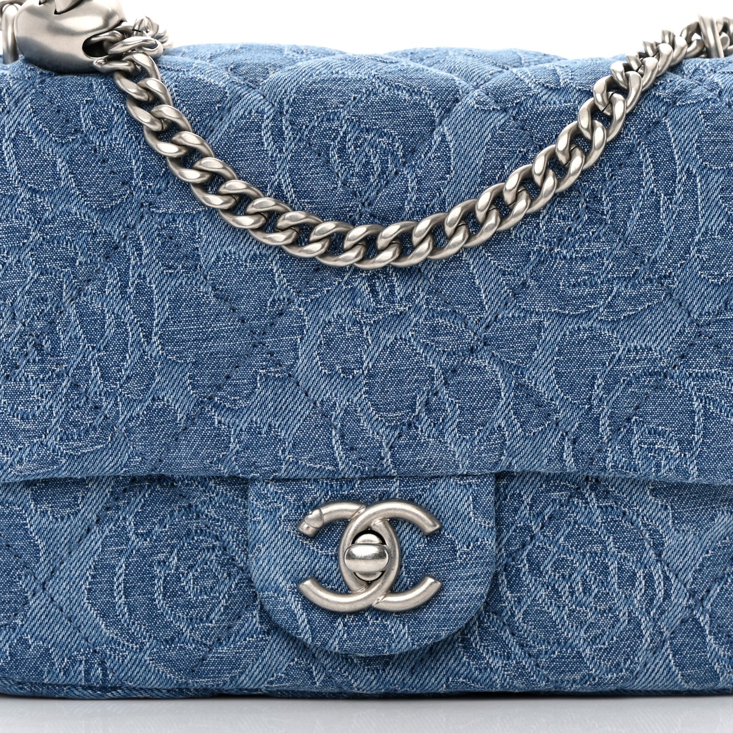 Denim Quilted Camellia Sweetheart Mini Flap Blue