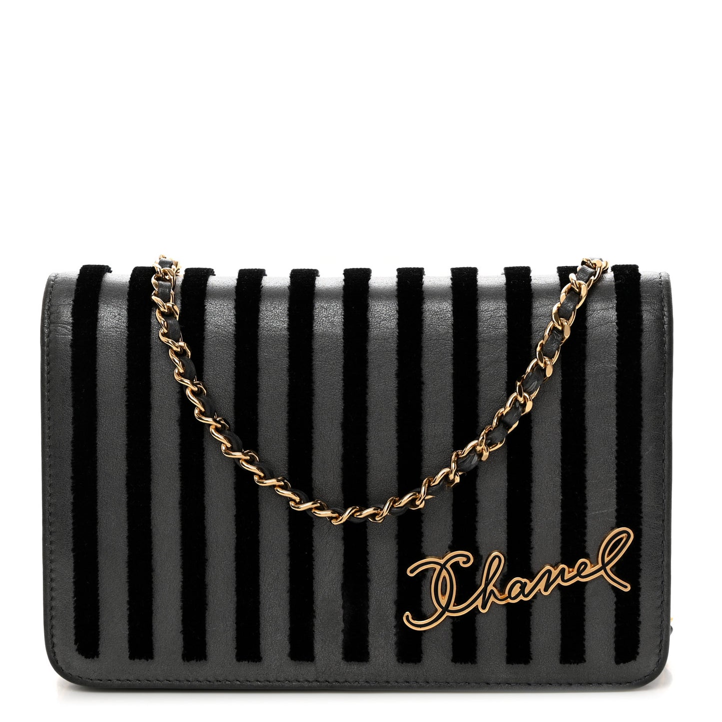 Iridescent Calfskin Velvet Stripe Wallet On Chain WOC Charcoal