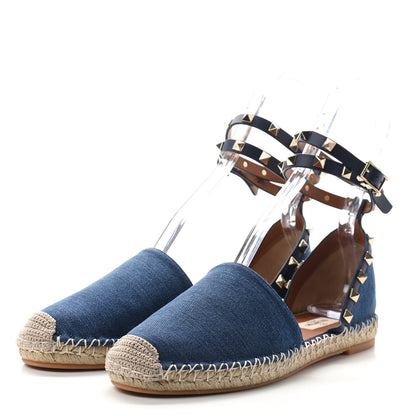 Valentino Garavani Denim Rockstud Ankle Wrap Espadrille 20mm Flats 40 Light Denim 3 of 8