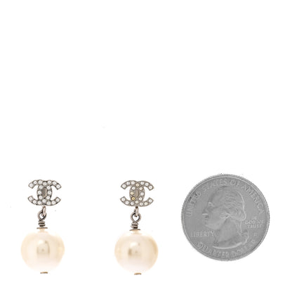 Chanel Crystal Pearl CC Drop Earrings Silver Pearly White 2 of 4