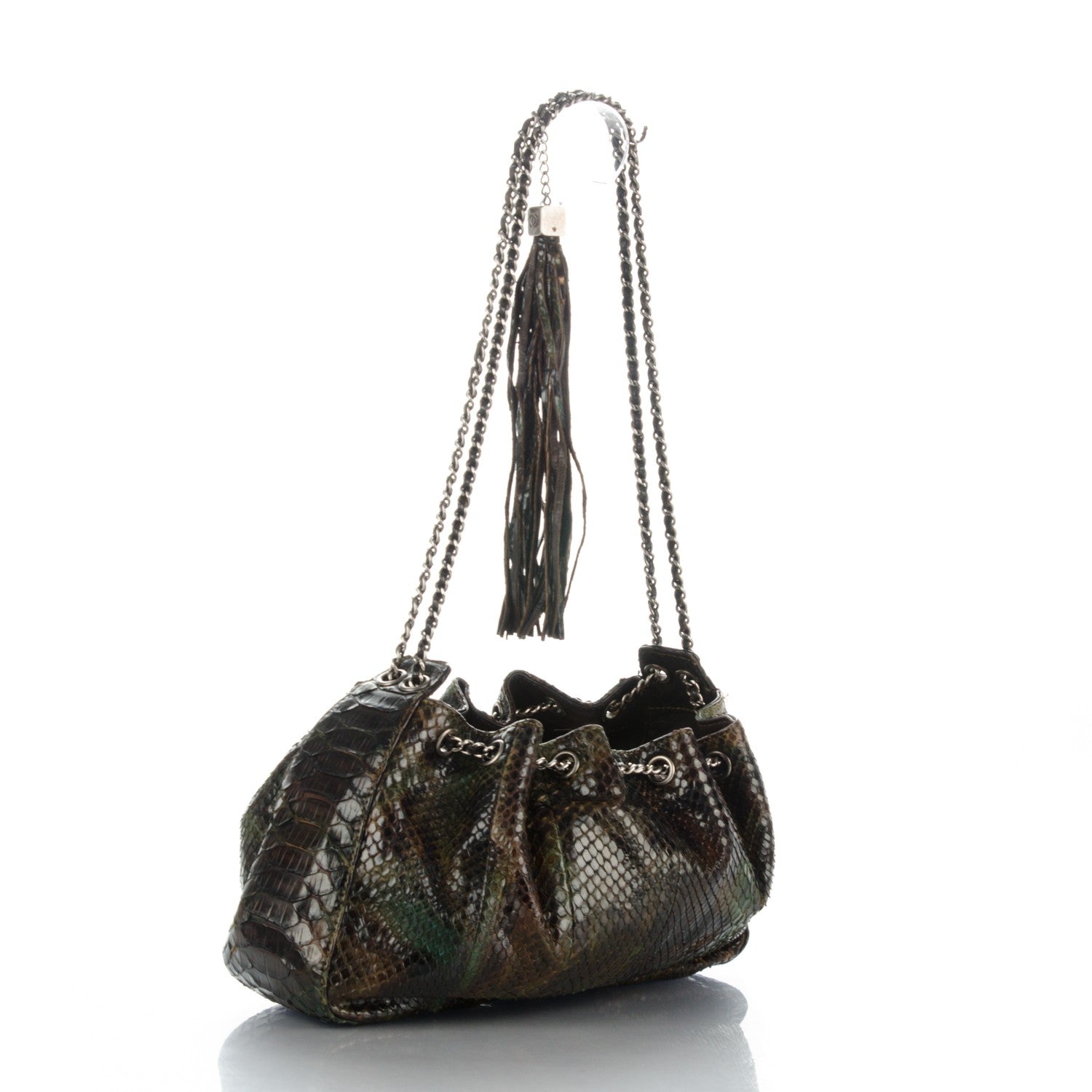 Chanel Python Tassel Drawstring Shoulder Bag Dark Blue Brown 3 of 11