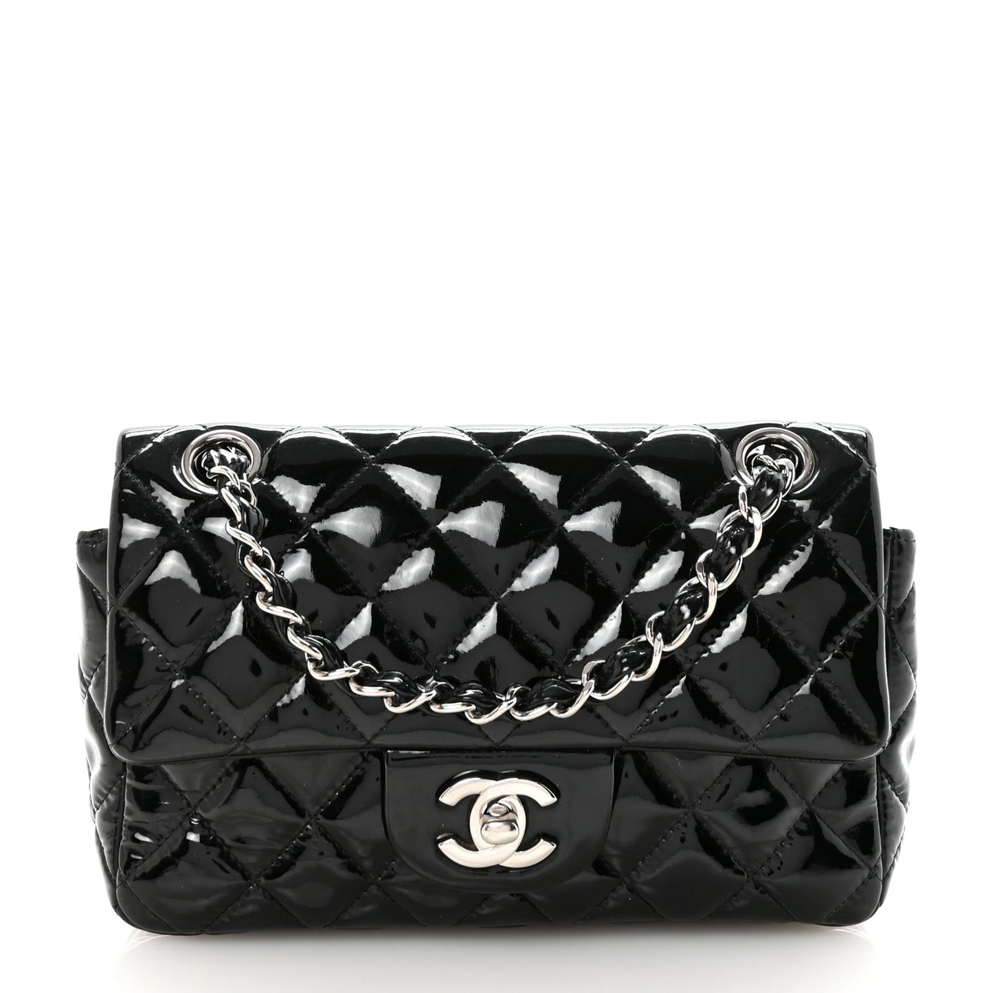 Patent Calfskin Quilted Mini Rectangular Flap Black