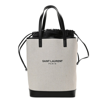 Saint Laurent Canvas Calfskin Teddy Drawstring Shopping Tote White Black 3 of 12