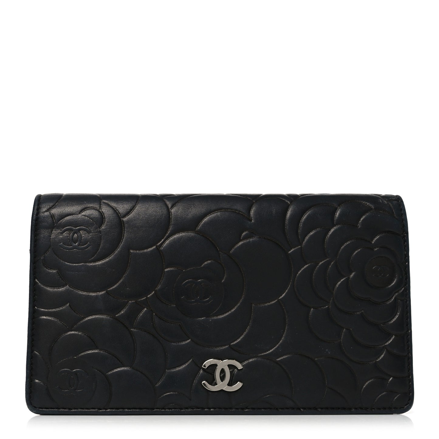 Lambskin Camellia Embossed Yen Wallet Black