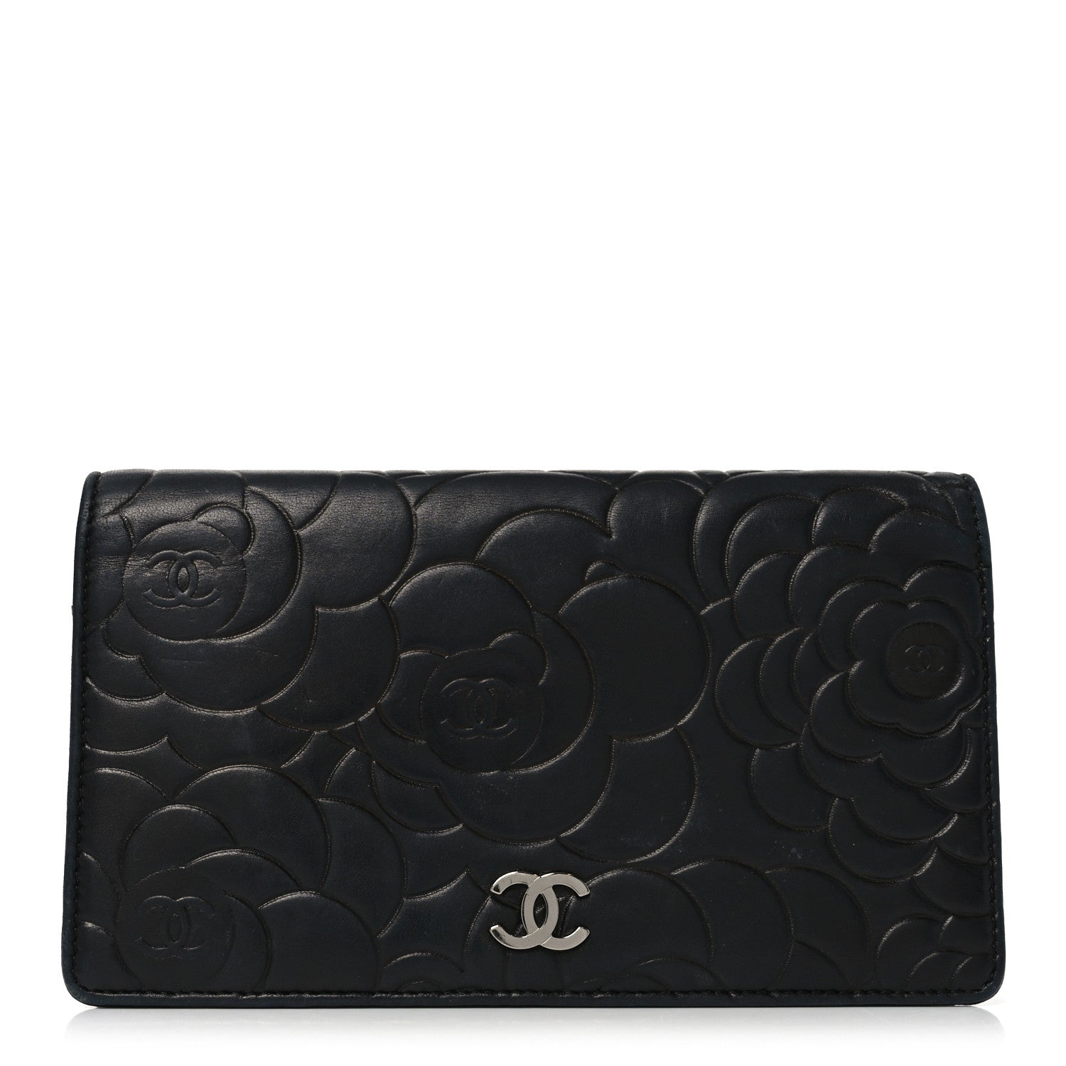 Chanel Lambskin Camellia Embossed Yen Wallet Black 1 of 10
