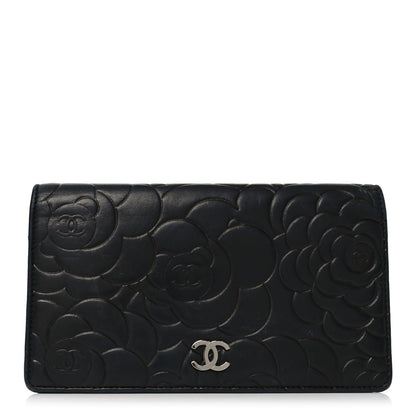 Chanel Lambskin Camellia Embossed Yen Wallet Black 1 of 10