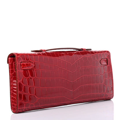 Hermes Shiny Niloticus Crocodile Kelly Cut Pochette Rouge Vif 2 of 5