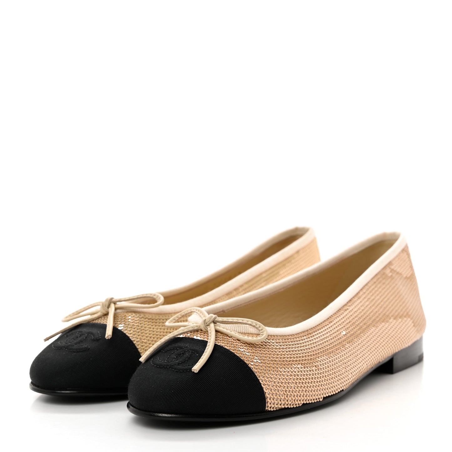 Sequin Grosgrain Cap Toe Ballerina Flats 37 Beige Black