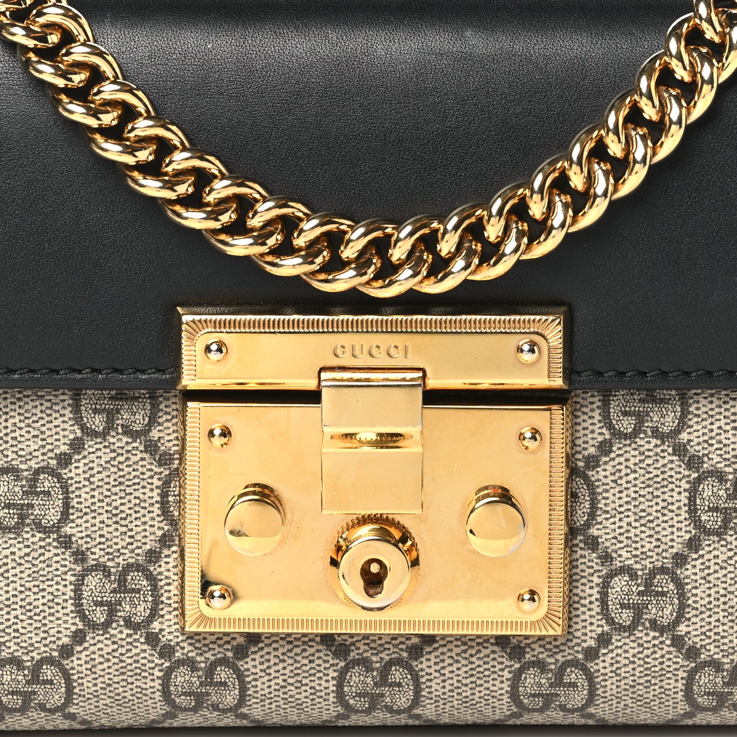 GG Supreme Monogram Calfskin Small Padlock Shoulder Bag Beige Black Cuir