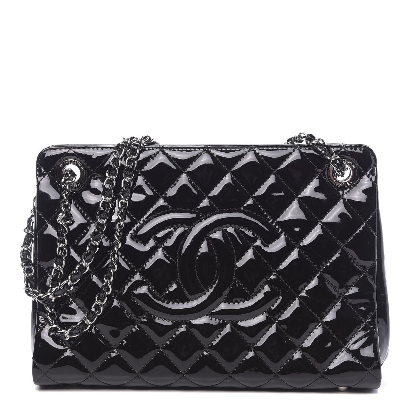 Patent Quilted Timeless CC Shopping Tote Black