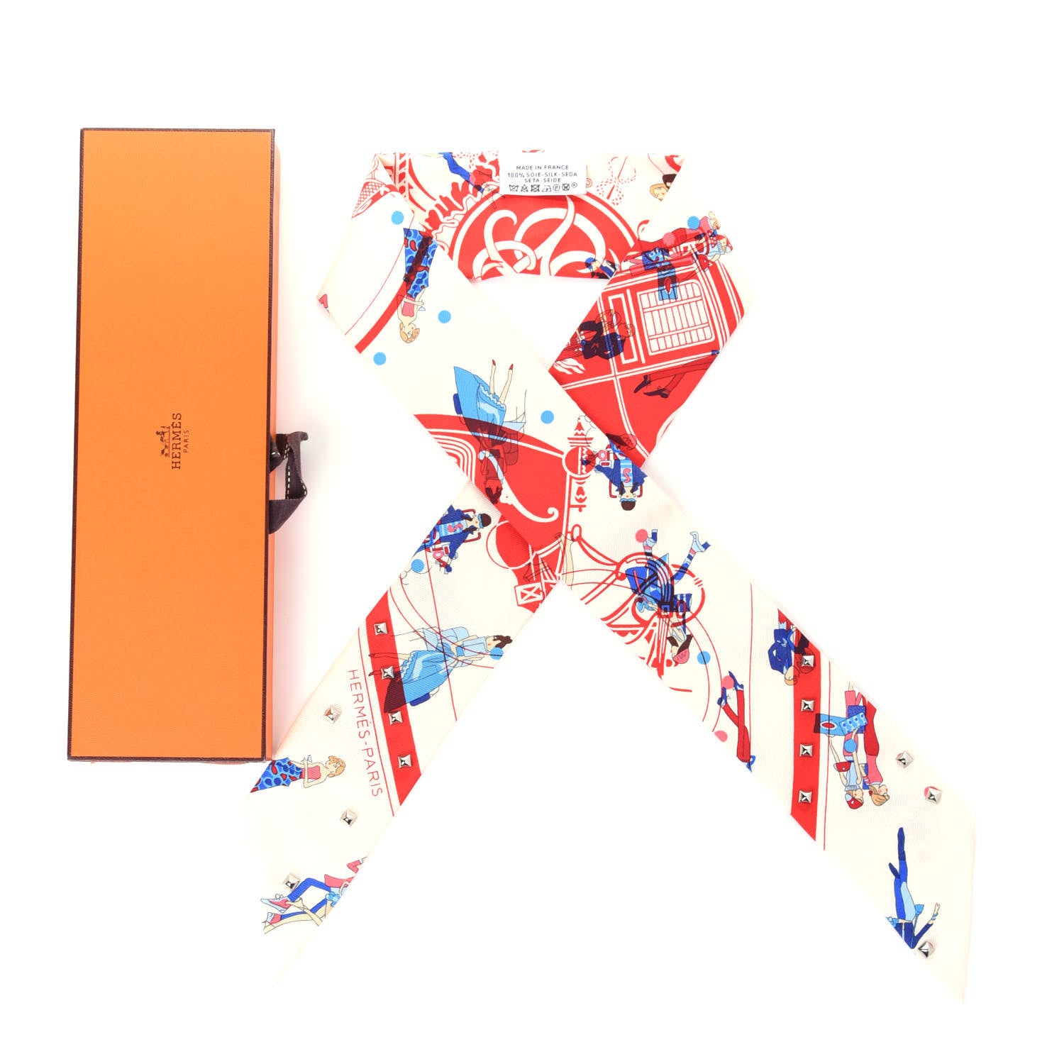 Hermes Silk Ex-Libris Les Parisiennes Studded Twilly Crème Rouge Bleu 5 of 5