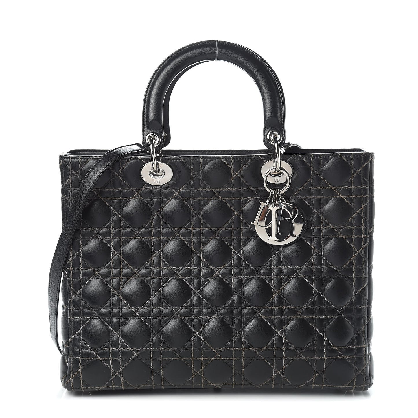 Lambskin Stitched Large Lady Dior Black