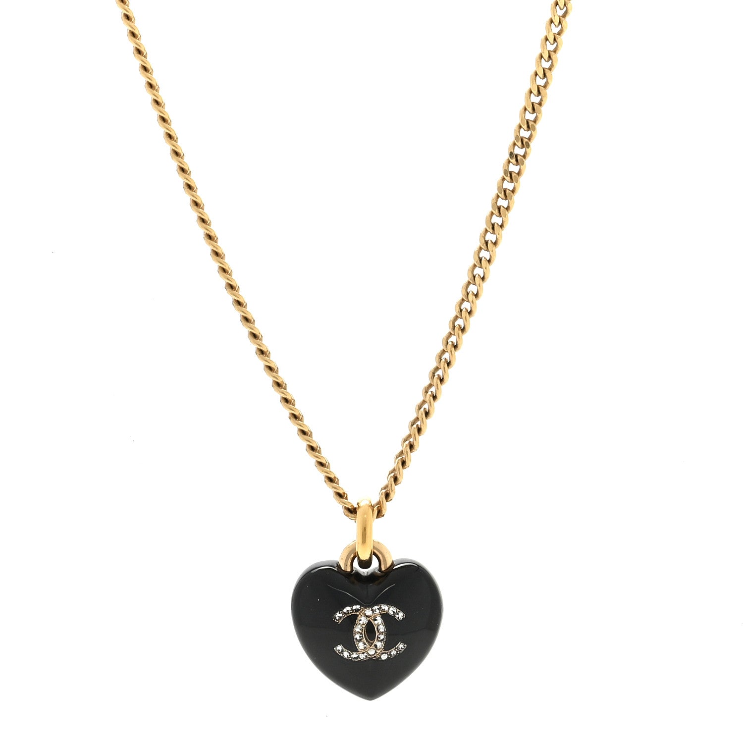 Chanel Resin Crystal CC Heart Necklace Black Gold 1 of 4