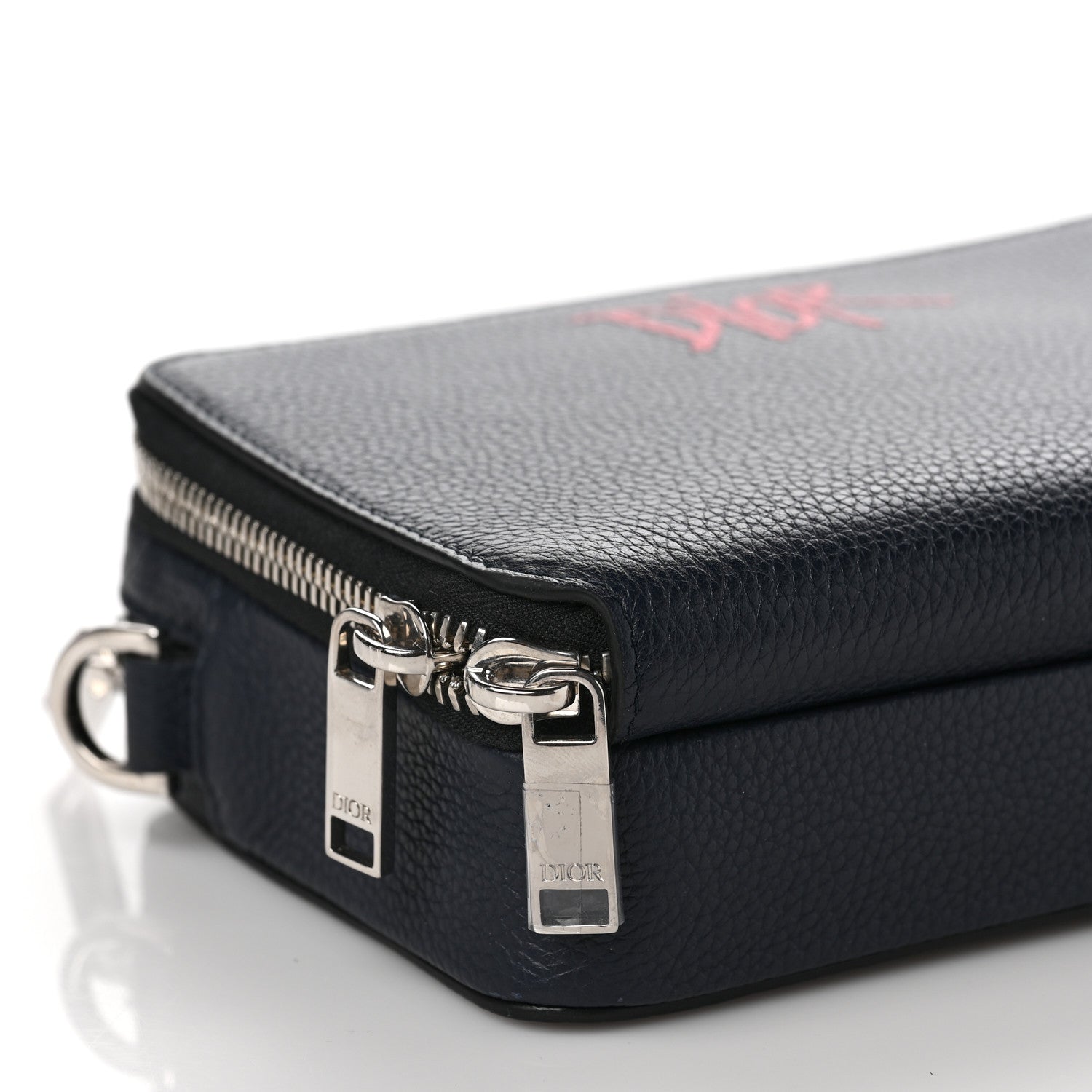 Christian Dior X SHAWN STUSSY Grained Calfskin Ox Head Crossbody Double Zip Crossbody Pouch Navy Blue 8 of 9