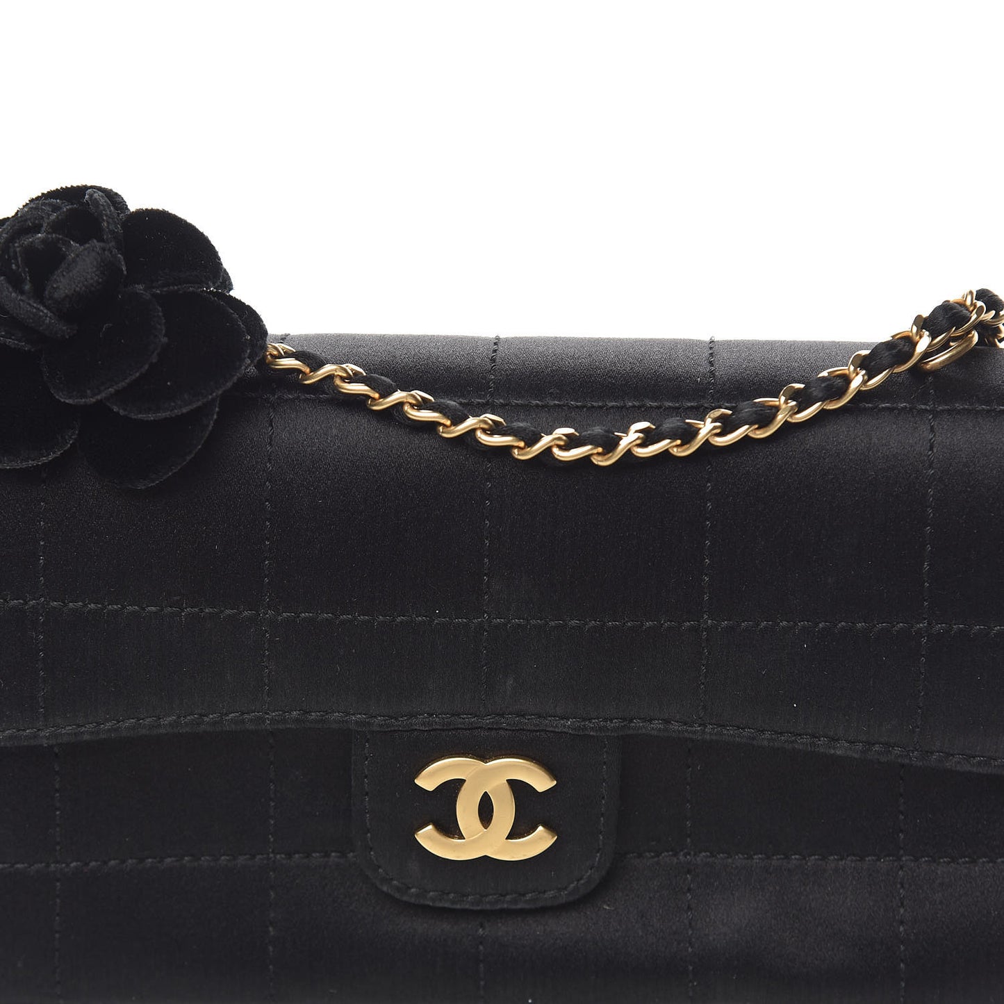 Satin Chocolate Bar Quilted Camellia Rectangular Mini Flap Black