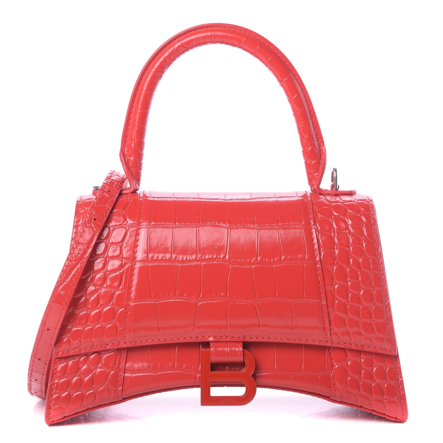 Shiny Calfskin Tonal B Crocodile Embossed Small Hourglass Top Handle Bag Bright Red