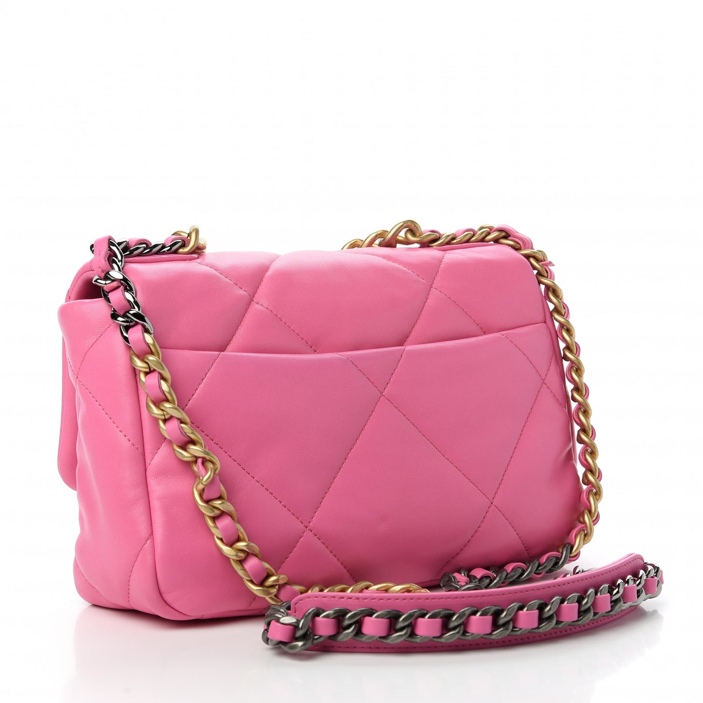 Shiny Lambskin Quilted Medium Chanel 19 Flap Neon Pink