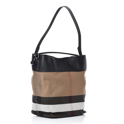 Burberry Grainy Calfskin Canvas Mega Check Medium Ashby Tassel Hobo Black 3 of 9