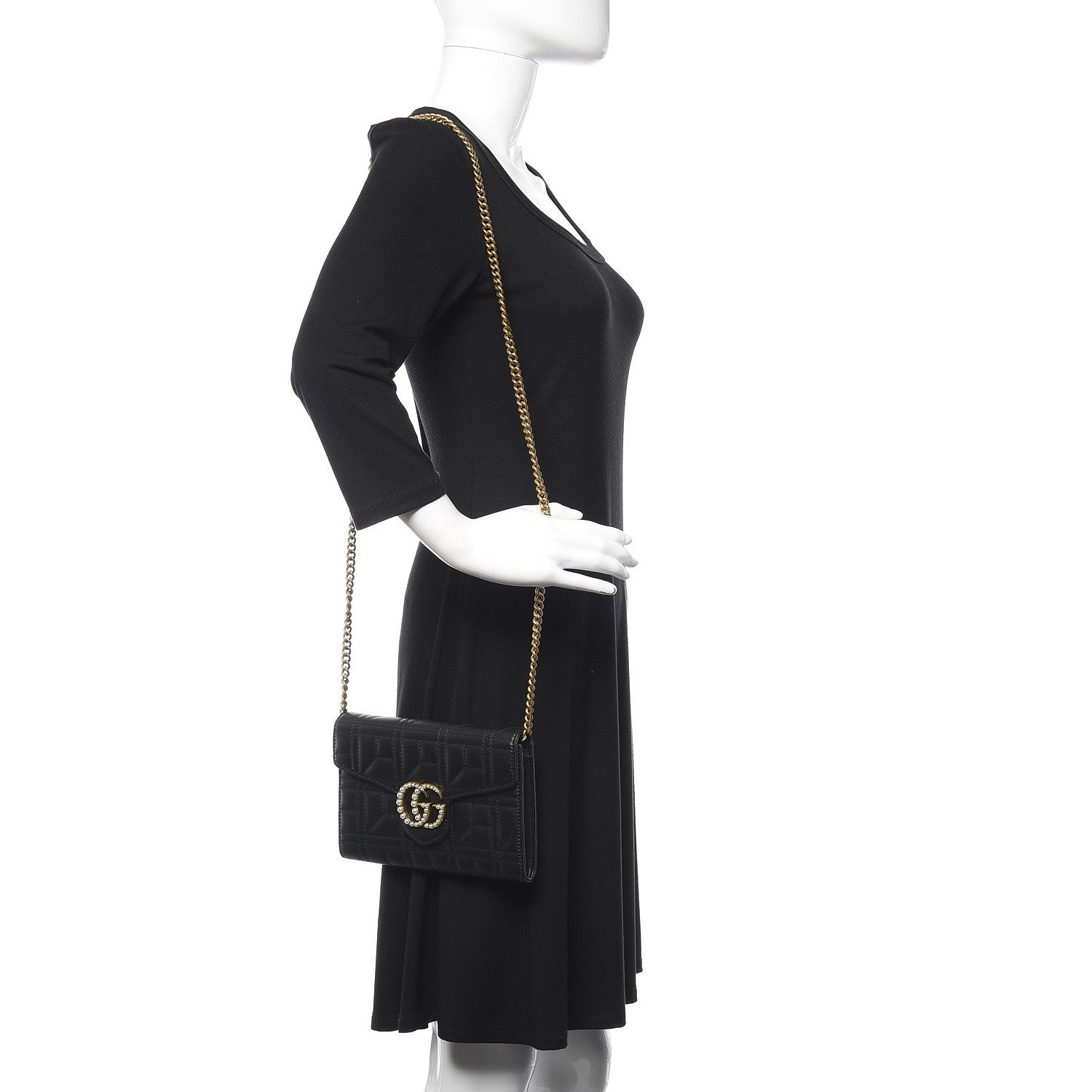 Gucci Calfskin Matelasse Mini Pearly GG Marmont Chain Wallet Black 2 of 9