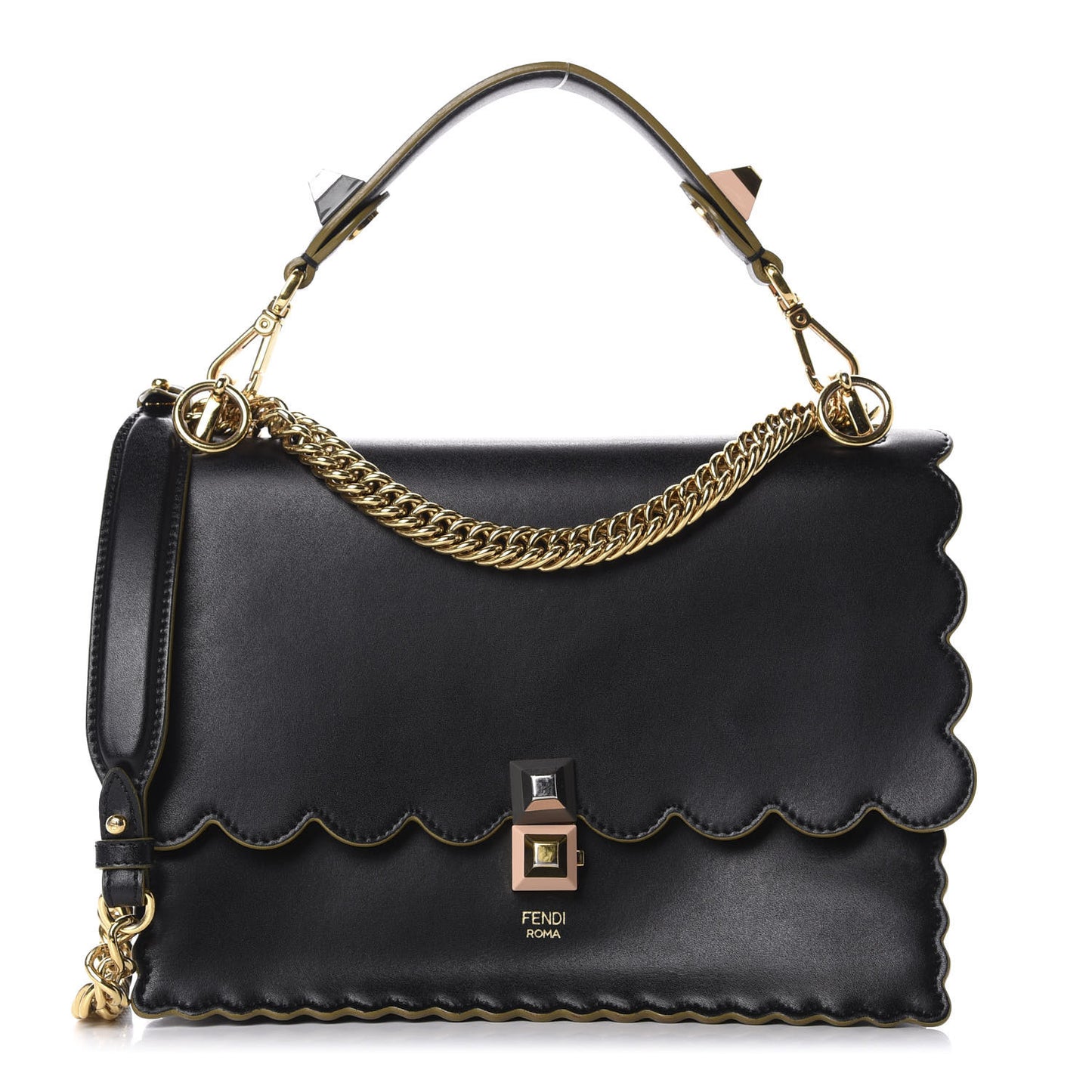 Vitello Liberty Scalloped Studded Kan I Shoulder Bag Black