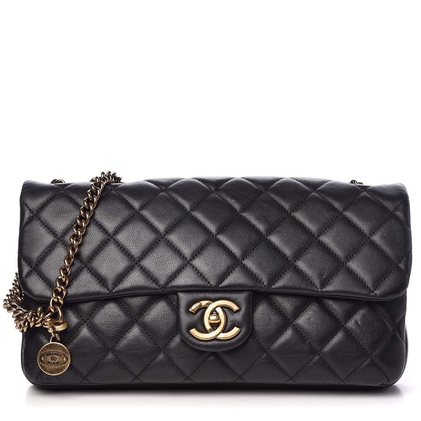 Calfskin Quilted Medium CC Crown Flap Black