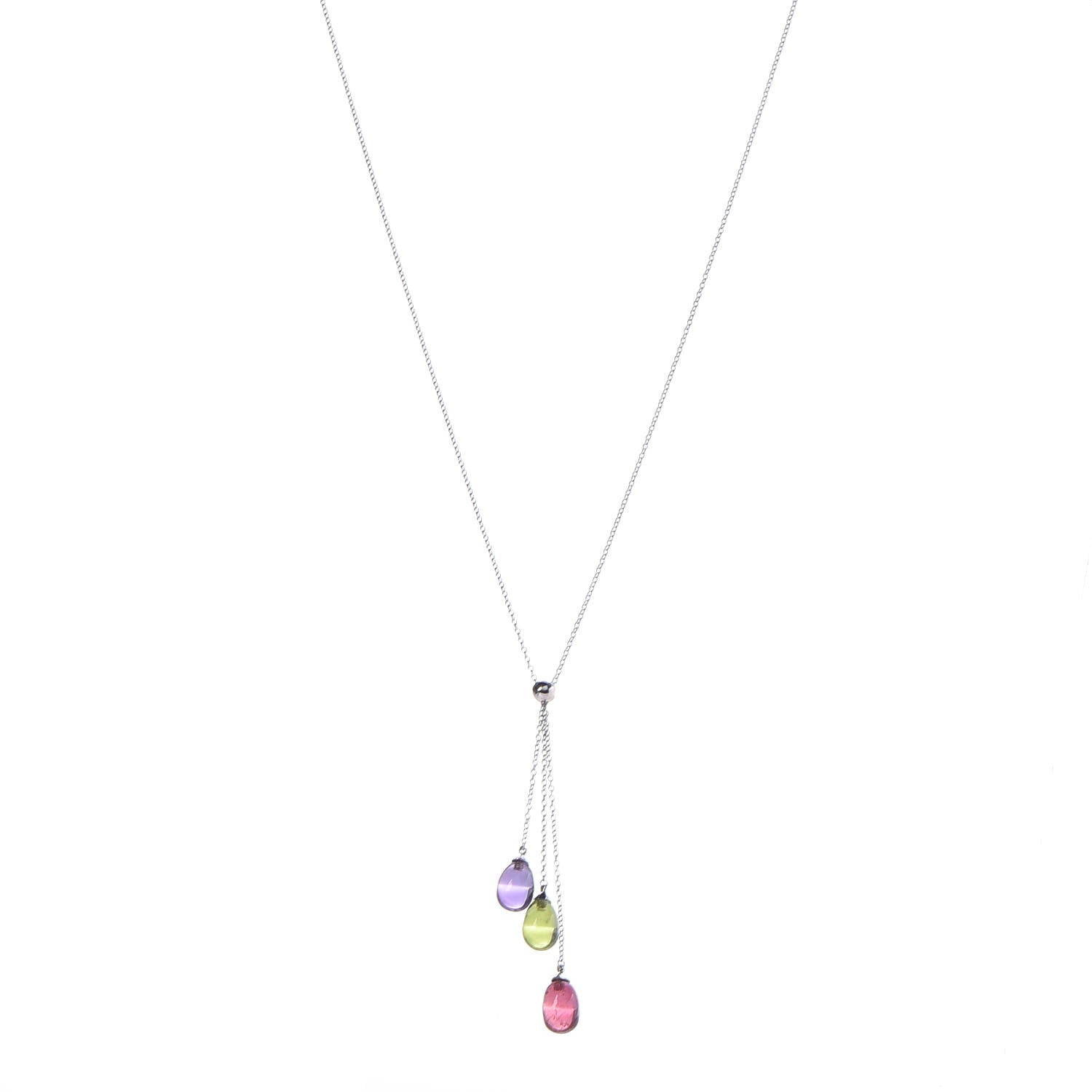 Tiffany 18K White Gold Amethyst Peridot Pink Tourmaline Rainbow Drops Three Stone Necklace 1 of 7