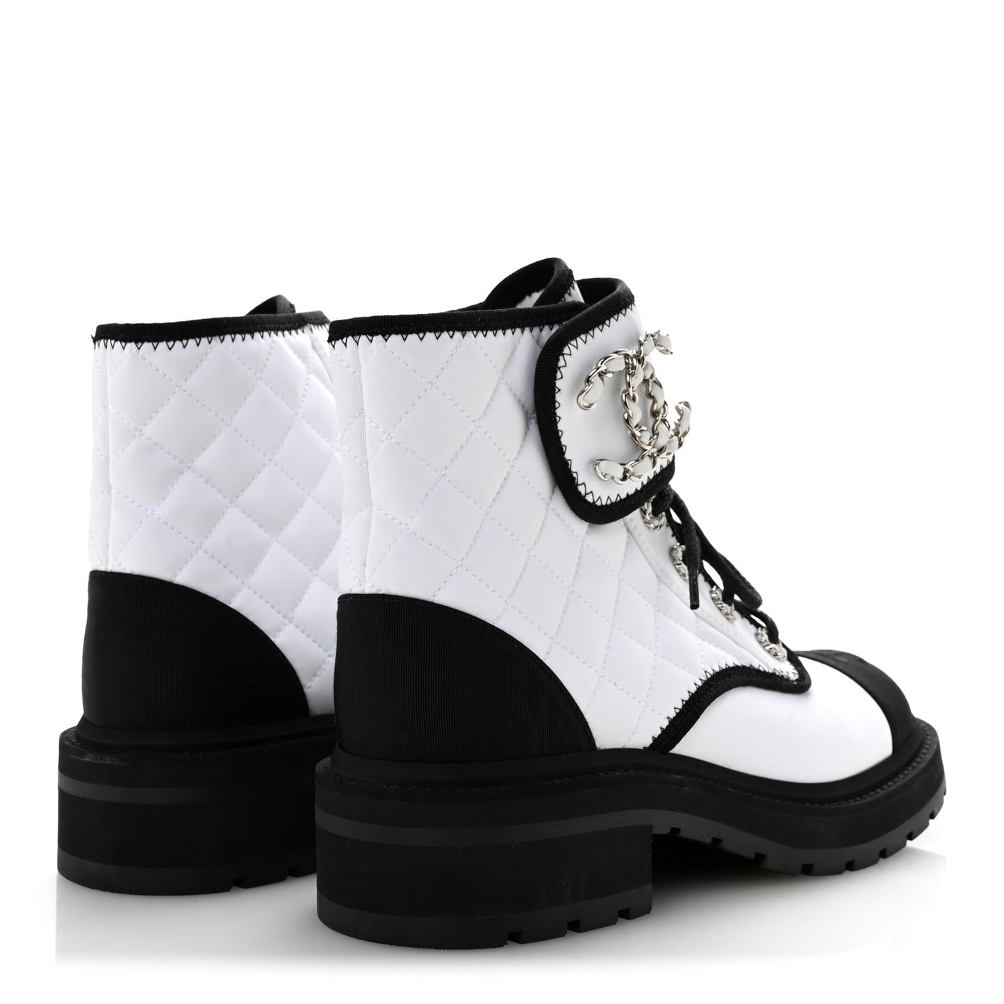 Fabric Grosgrain Quilted Cap Toe Lace Up Combat Boots 36.5 White Black