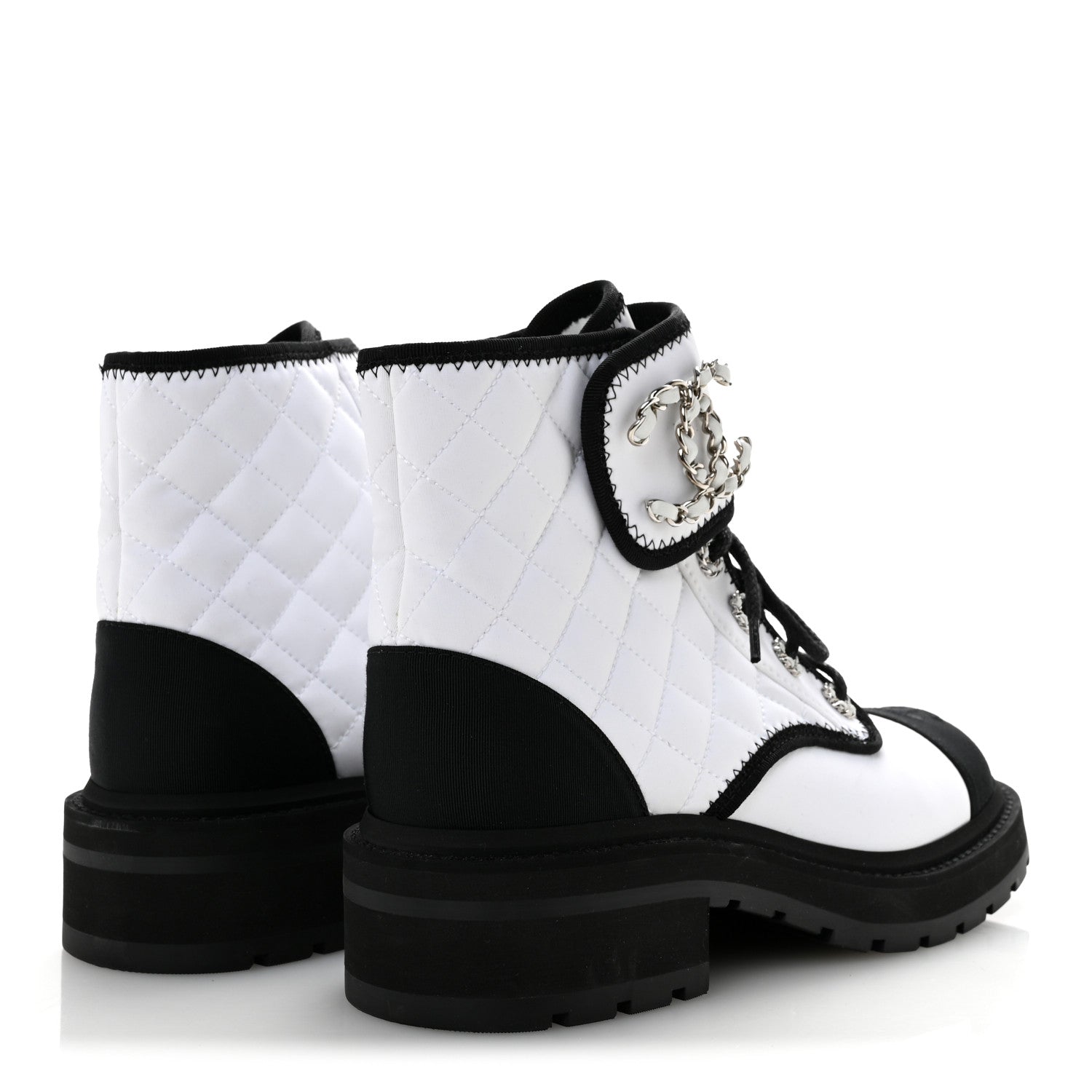 Chanel Fabric Grosgrain Quilted Cap Toe Lace Up Combat Boots 36.5 White Black 5 of 9