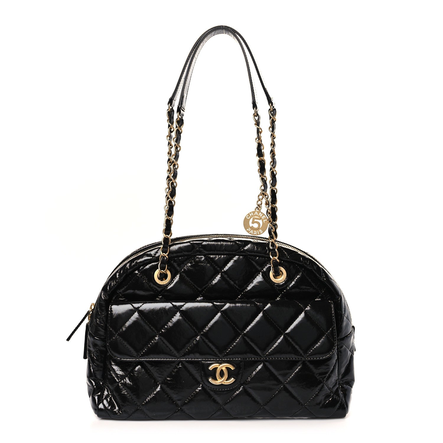 Chanel Shiny Crumpled Calfskin Quilted Large Bowling Bag Black 1 of 12