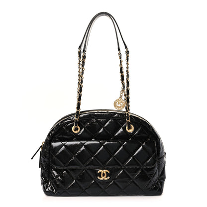Chanel Shiny Crumpled Calfskin Quilted Large Bowling Bag Black 1 of 12