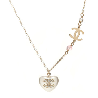 Chanel Resin Crystal CC Heart Necklace Pearly White Gold 1 of 6