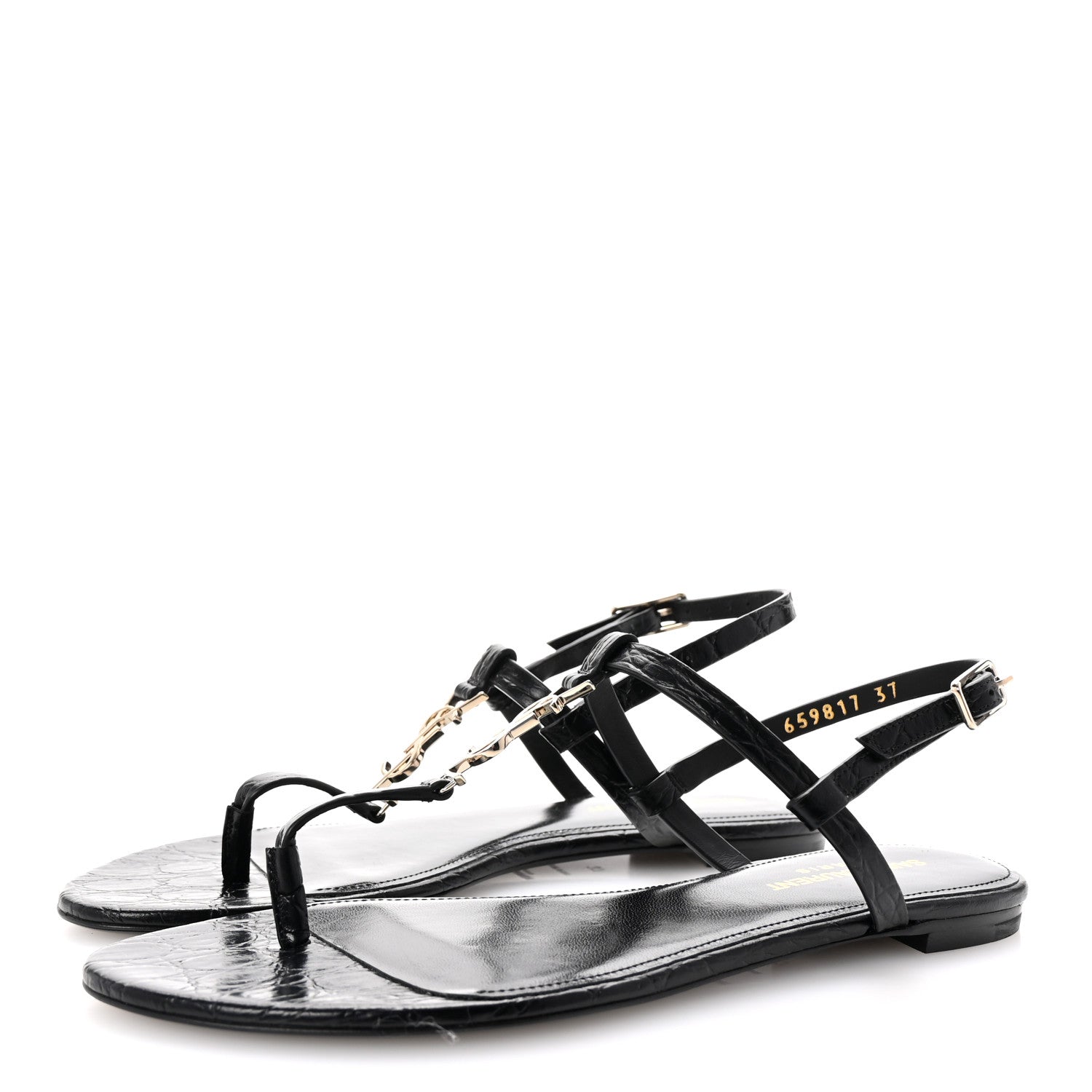 Saint Laurent Calfskin Crocodile Embossed Cassandra Monogram Sandals 37 Black 4 of 10