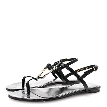 Saint Laurent Calfskin Crocodile Embossed Cassandra Monogram Sandals 37 Black 4 of 10