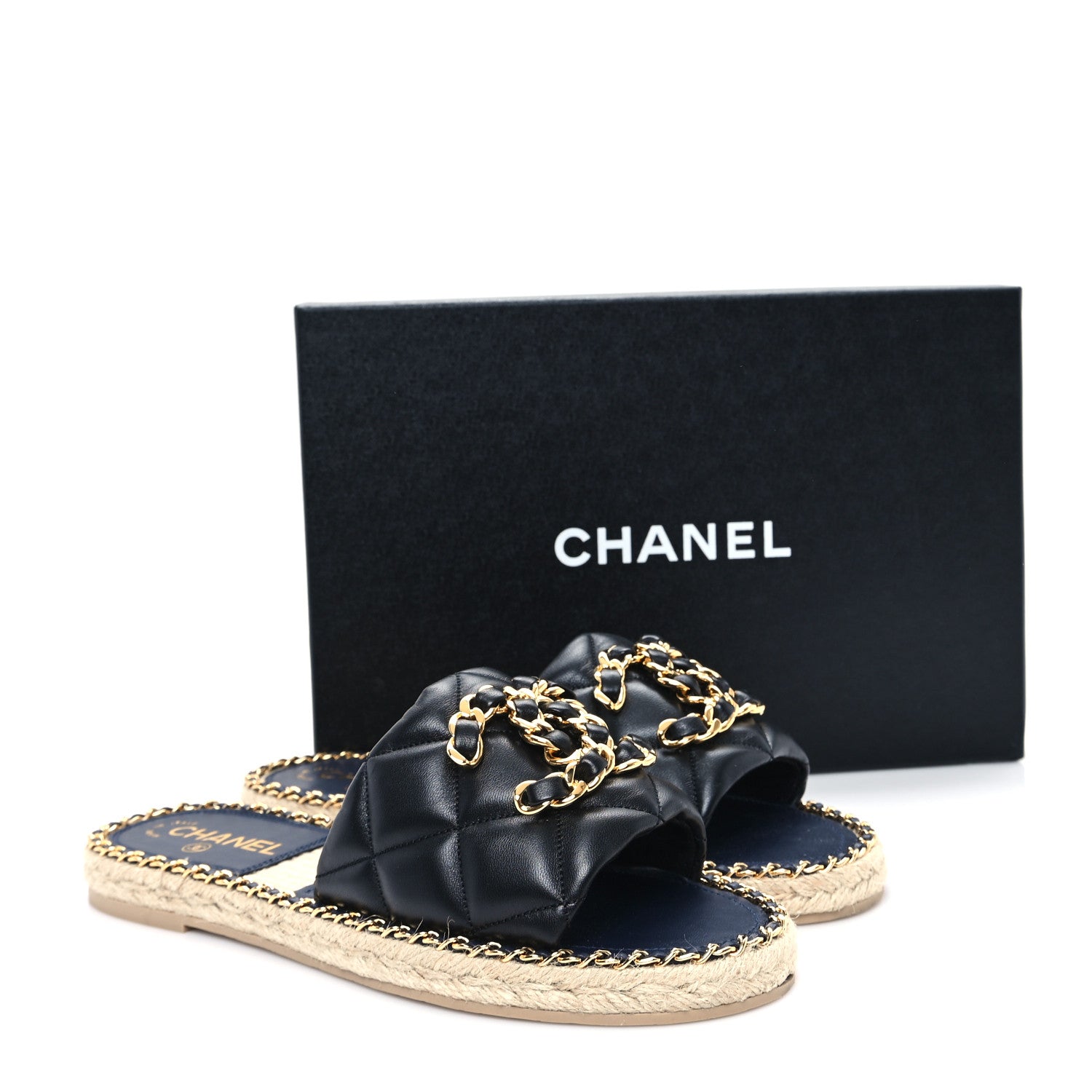 Chanel Lambskin Quilted CC Chain Espadrille Mules 39 Black Navy 10 of 10