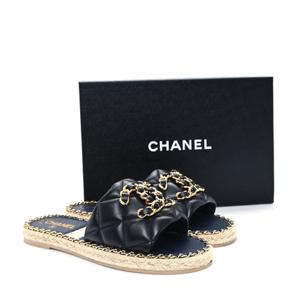 Chanel Lambskin Quilted CC Chain Espadrille Mules 39 Black Navy 10 of 10