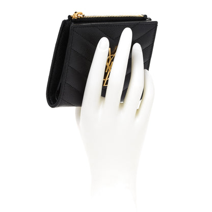 Saint Laurent Grain De Poudre Matelasse Chevron Monogram Zipped Card Case Black 2 of 8