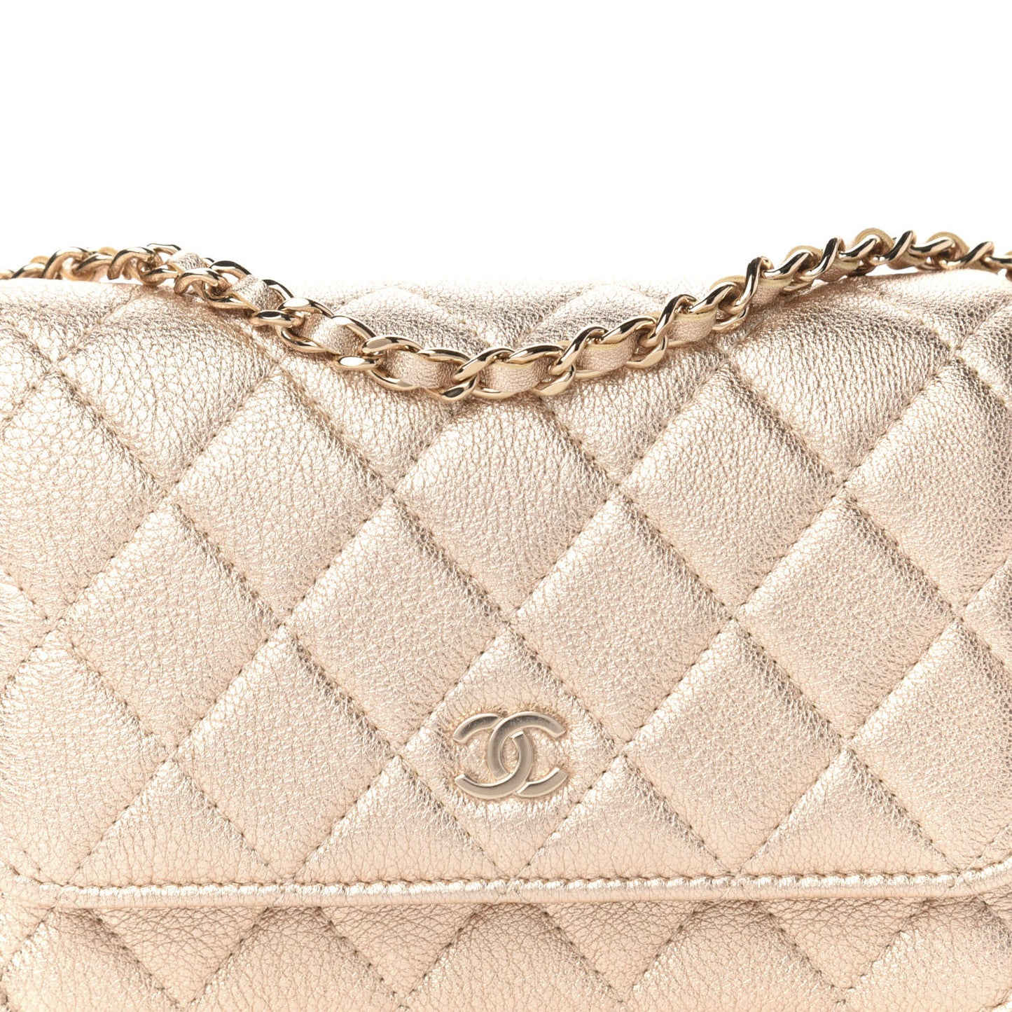 Metallic Lambskin Quilted Mini Wallet On Chain WOC Gold